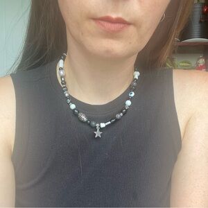 Stardust Black & White Beaded Necklace Evil Eye Silver Star Pendant Lava Stone